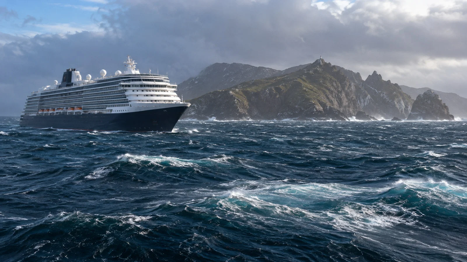 Large cruise vessel offshore near Cape Horn unable to dock, rough open sea and rocky island in distance, no people visible