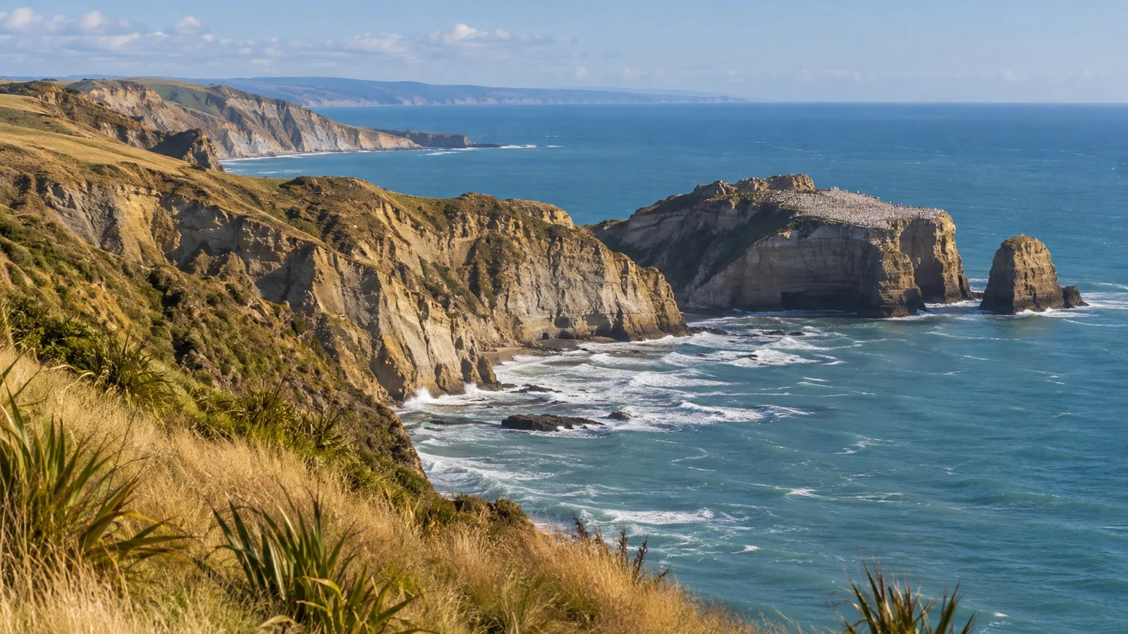 Cape Kidnappers coastal cliffs and distant gannet colony in Hawke’s Bay