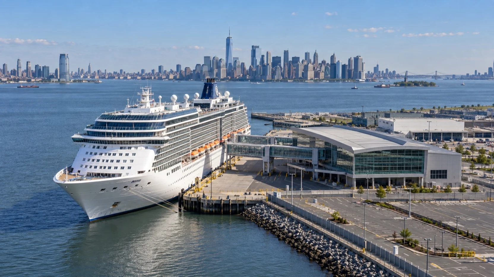 Cruise ship docked at Cape Liberty in Bayonne with the Manhattan skyline across the bay