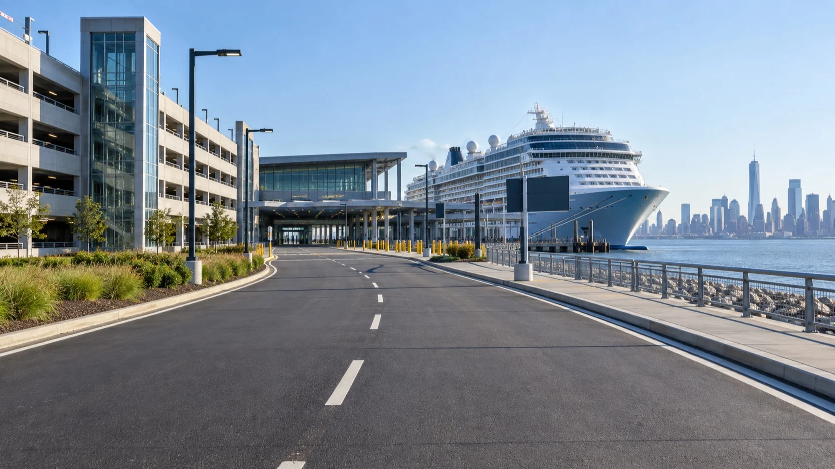 Empty access road and parking garage beside the Cape Liberty cruise terminal