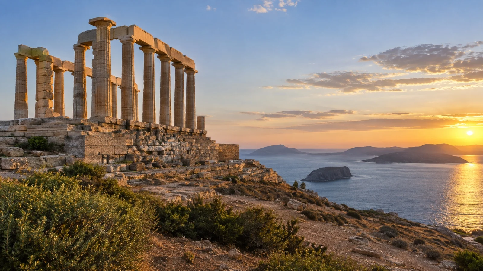 Ancient Temple of Poseidon on the sea cliff at Cape Sounion near Lavrion