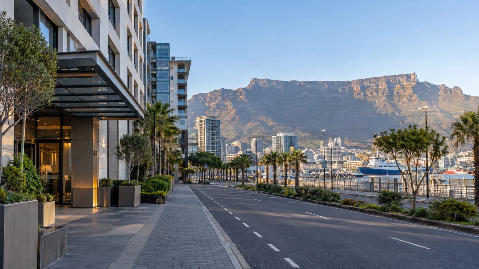 Cape Town Foreshore streetscape near the harbor, practical modern hotels, quiet sidewalks and Table Mountain backdrop