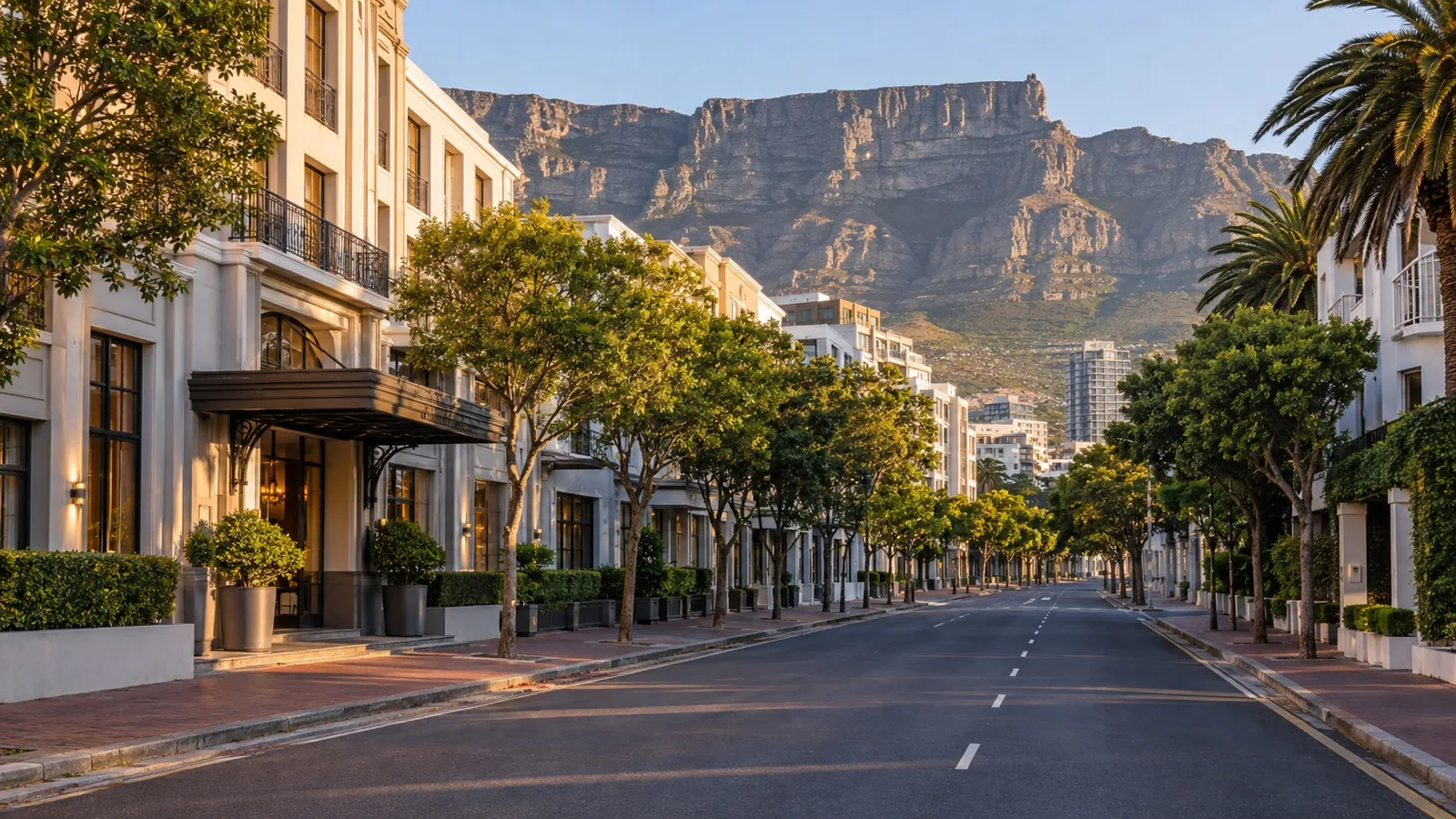 Cape Town City Bowl streets and hotel facades at the foot of Table Mountain, tree-lined and empty
