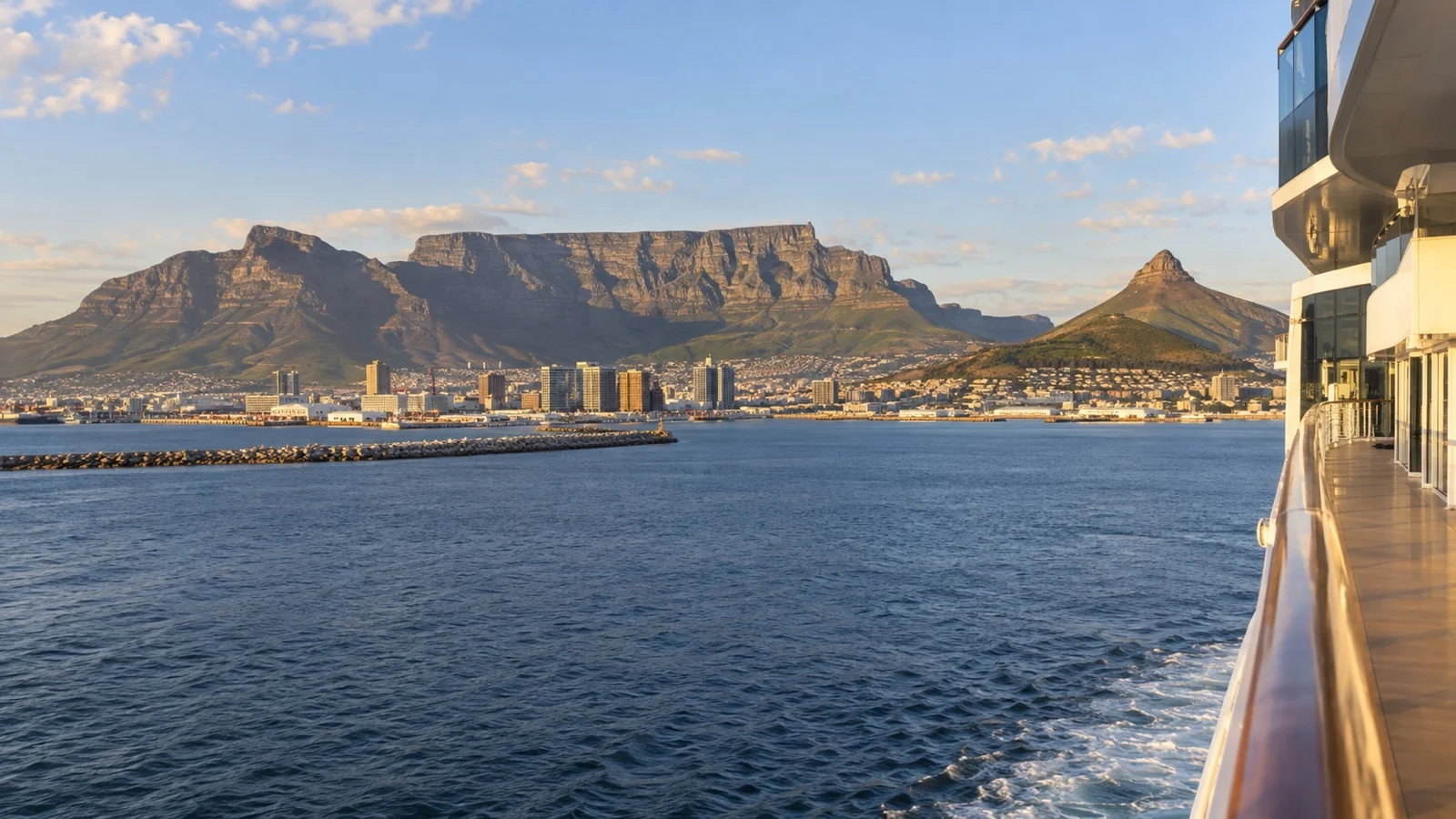 View from cruise ship approaching Cape Town with Table Mountain ahead
