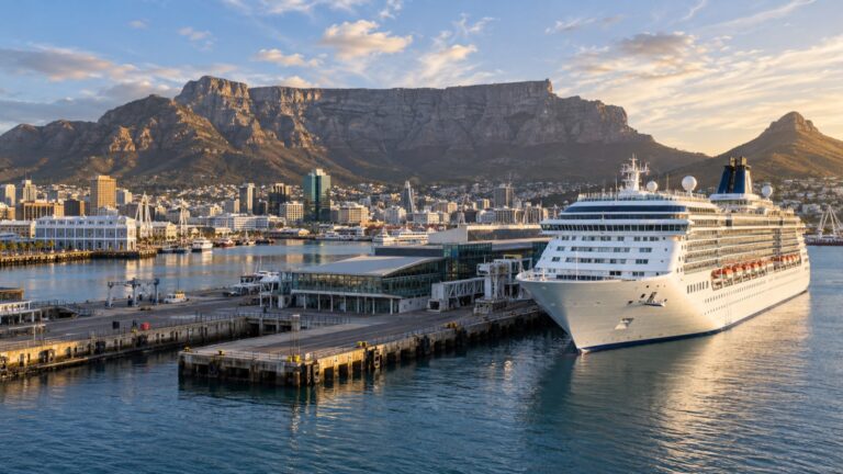 Cruise ship at Cape Town’s waterfront with Table Mountain beyond