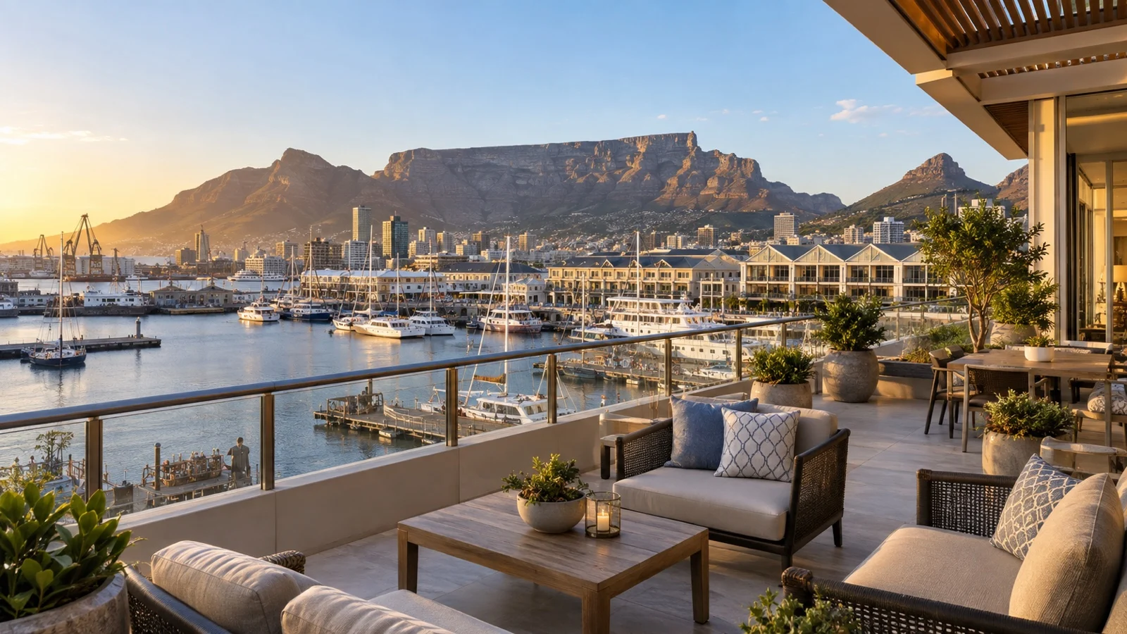 Upscale V&A Waterfront hotel terraces overlooking Cape Town harbor with Table Mountain on the horizon