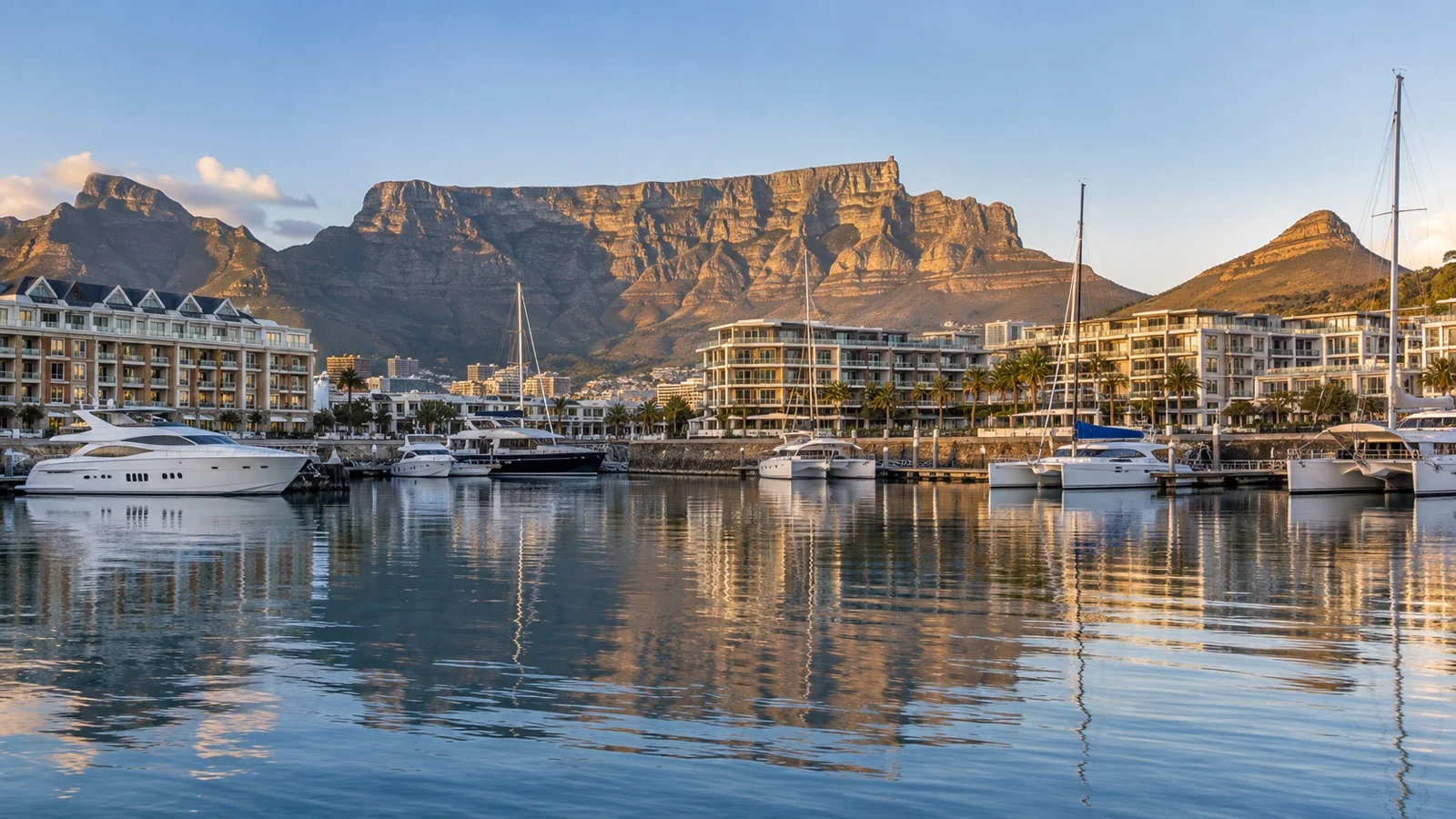 V&A Waterfront of Cape Town, waterfront hotel buildings, moored boats and Table Mountain beyond
