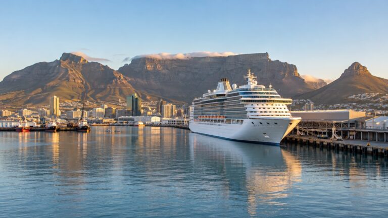 Cruise ship at the Cape Town waterfront below Table Mountain