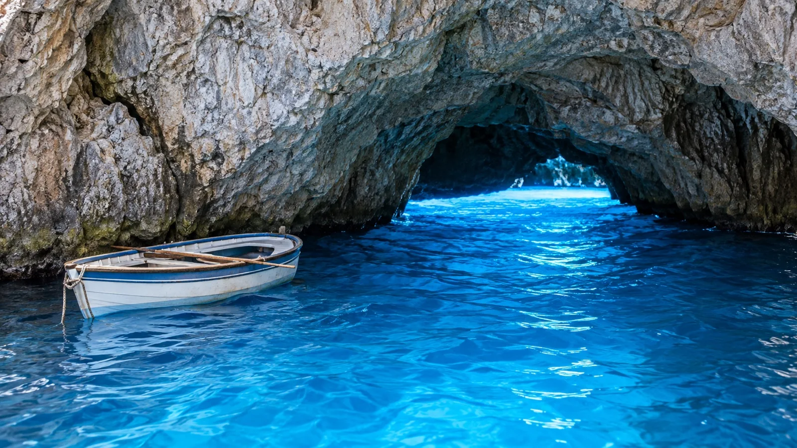 Luminous blue water at the limestone entrance to Capri’s Blue Grotto