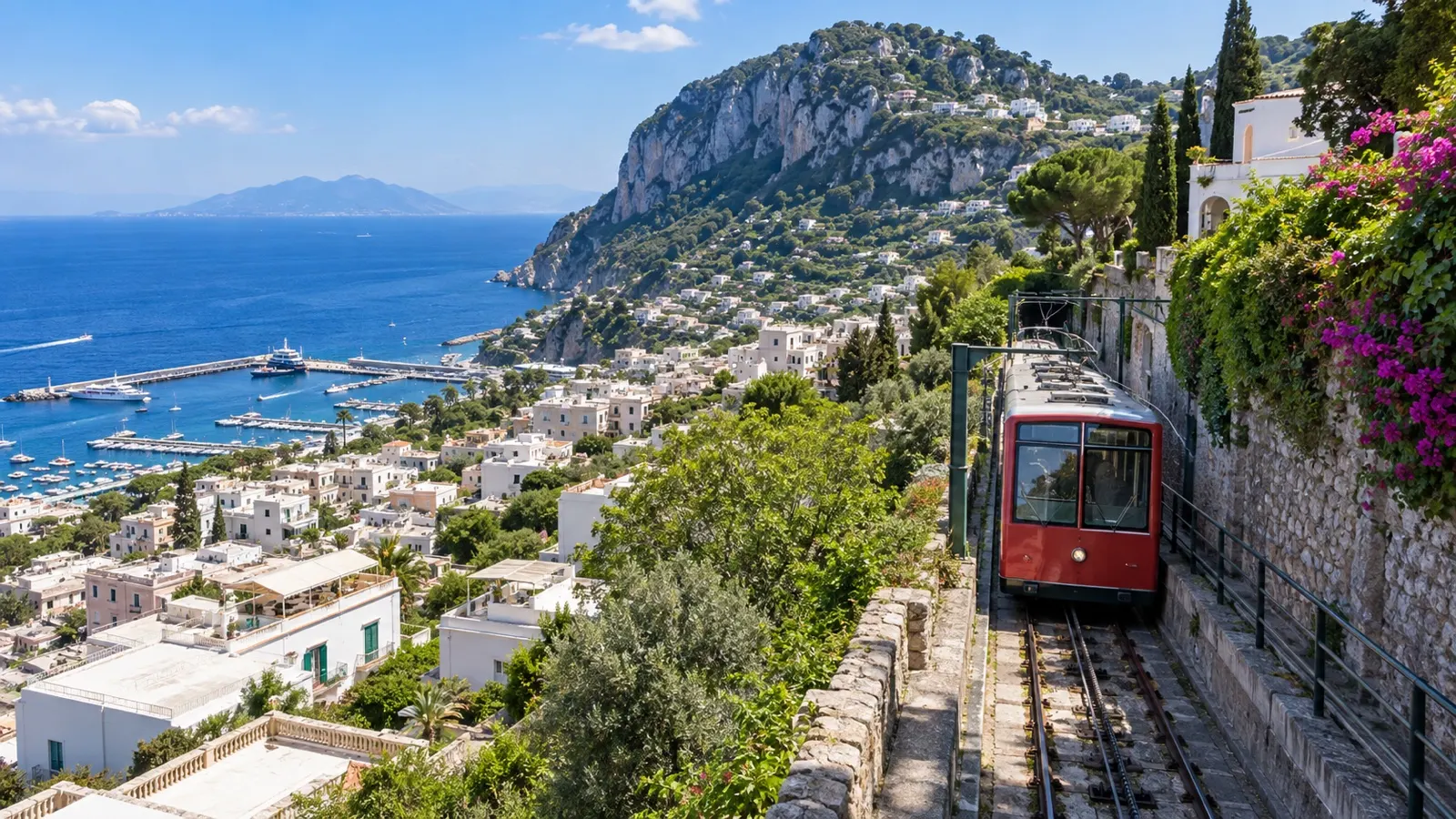 Funicular climbing from Marina Grande toward Capri Town above the sea