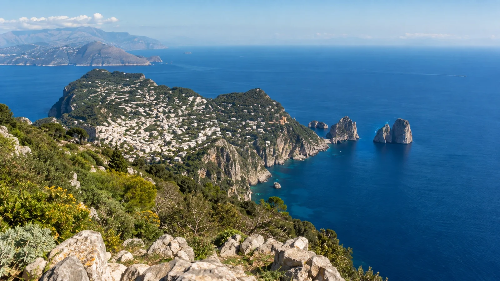 View from Monte Solaro toward the Faraglioni sea stacks off Capri