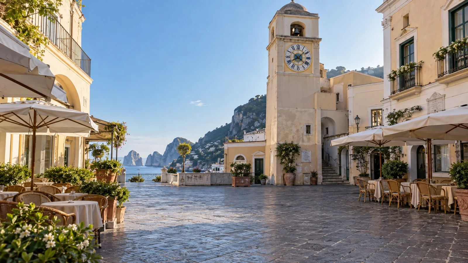 Quiet Piazzetta and clock tower in Capri Town