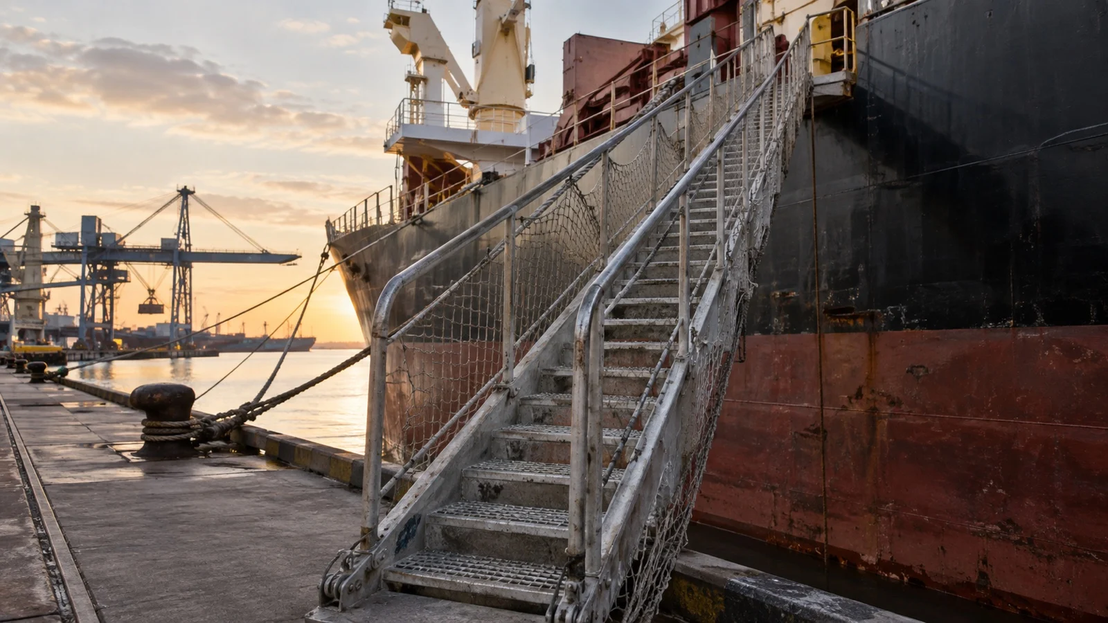 Cargo ship gangway at working port