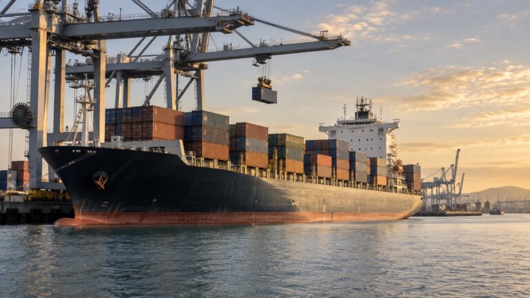 Cargo ship at seaport with limited passenger accommodation