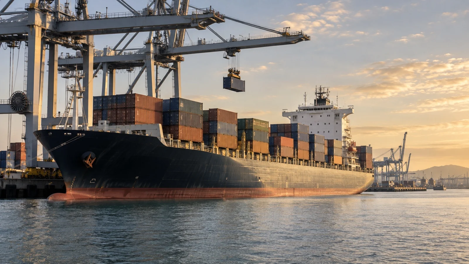 Cargo ship at seaport with limited passenger accommodation