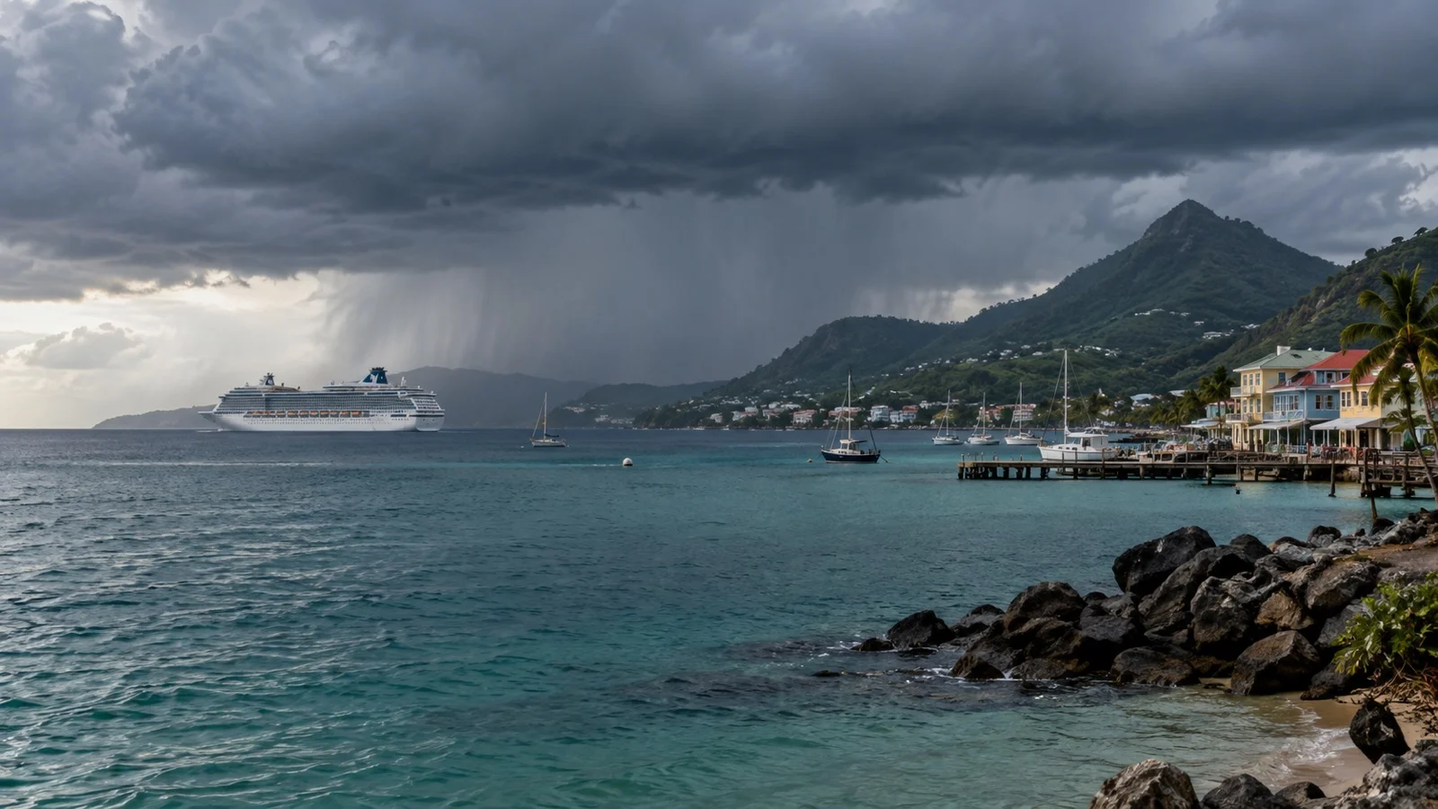 Dark tropical rain clouds approaching a Caribbean cruise harbor.