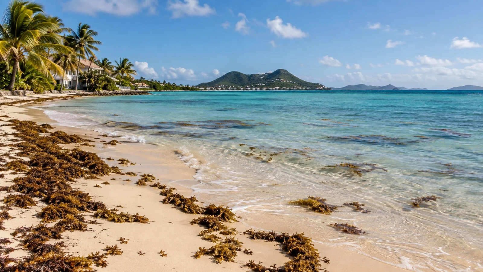 Empty Caribbean beach showing patchy seaweed and clear water beyond