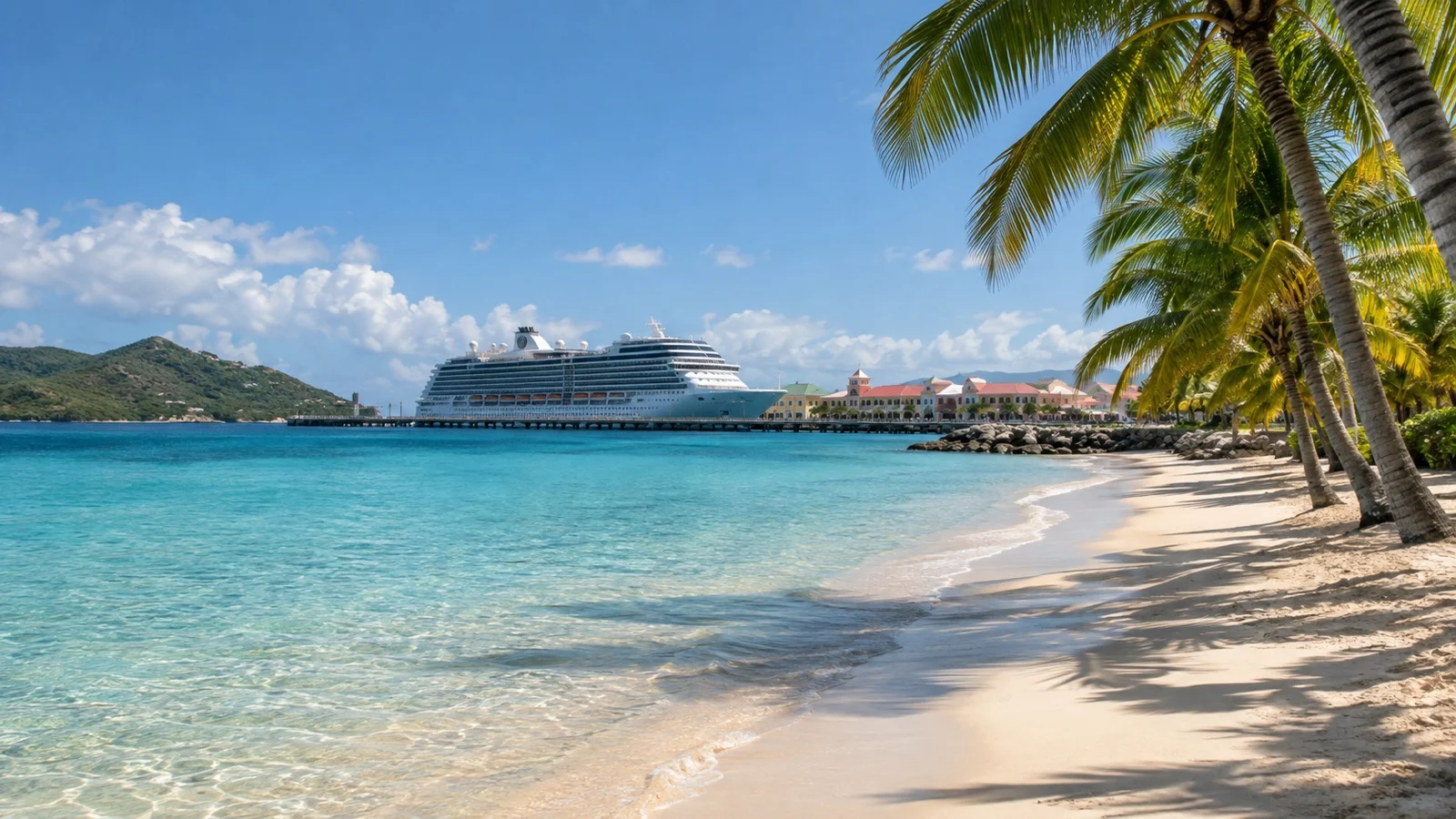 Empty palm-lined Caribbean beach near a cruise port