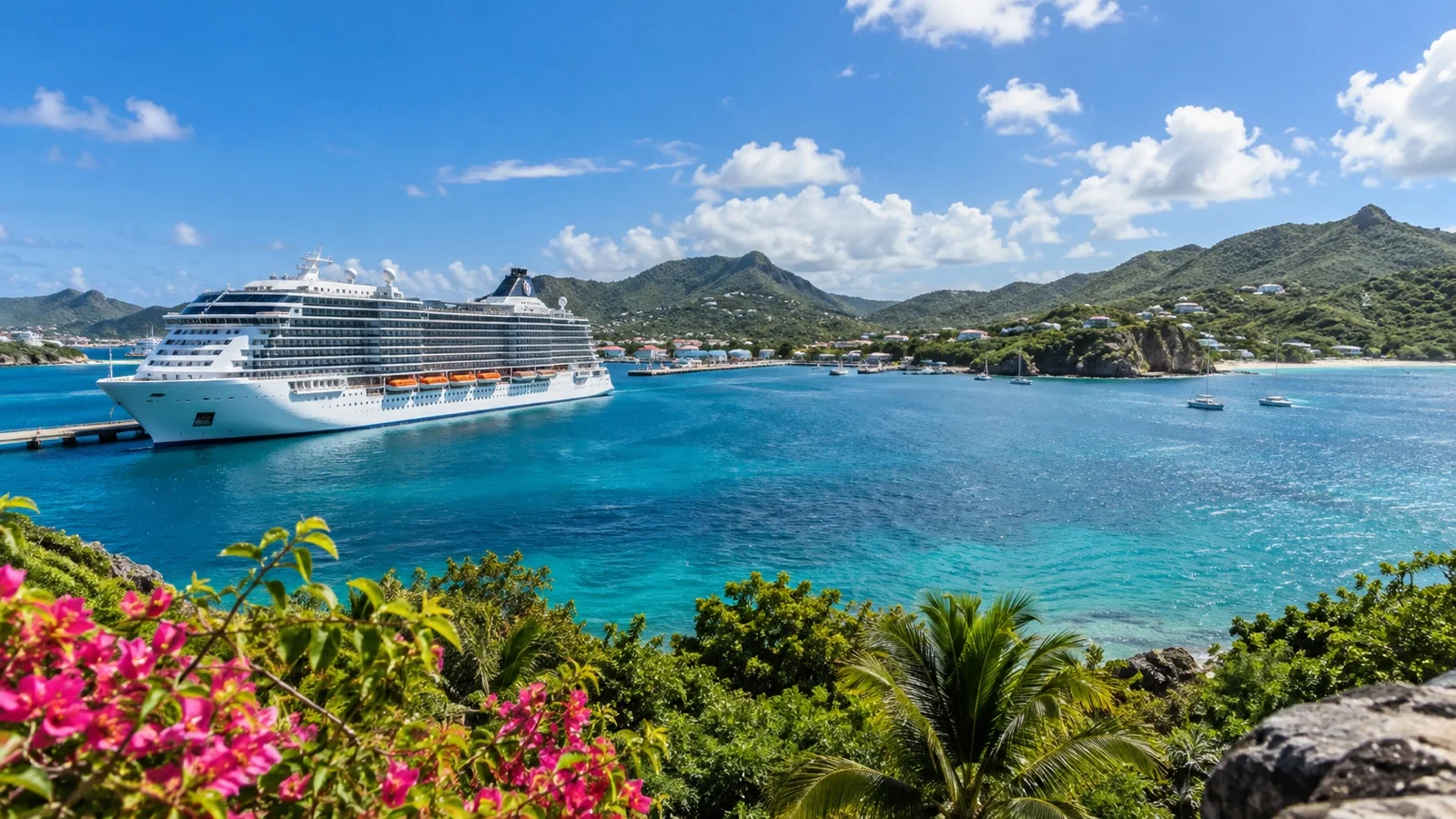 Cruise ship in a bright Caribbean harbor during the dry season.