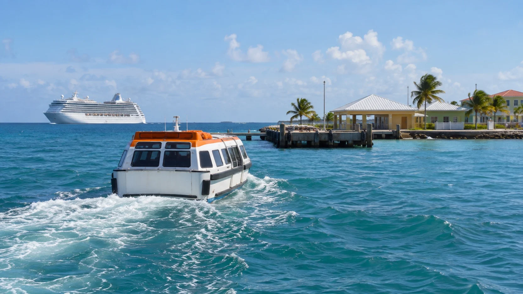 Cruise tender approaching a ship offshore from Belize City