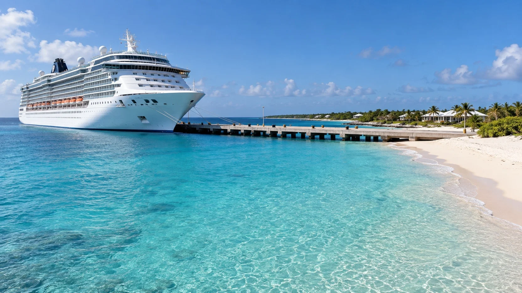 Cruise ship docked beside Grand Turk’s pier and turquoise beach