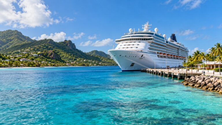 Cruise ship docked beside a palm-lined Caribbean island harbor
