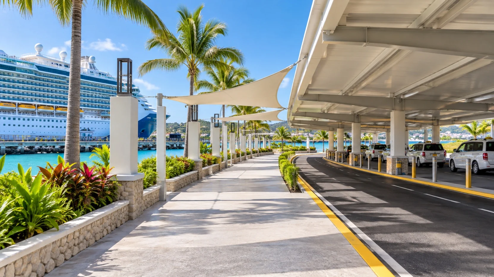 Shaded cruise terminal taxi pickup lane beside a clear walking route