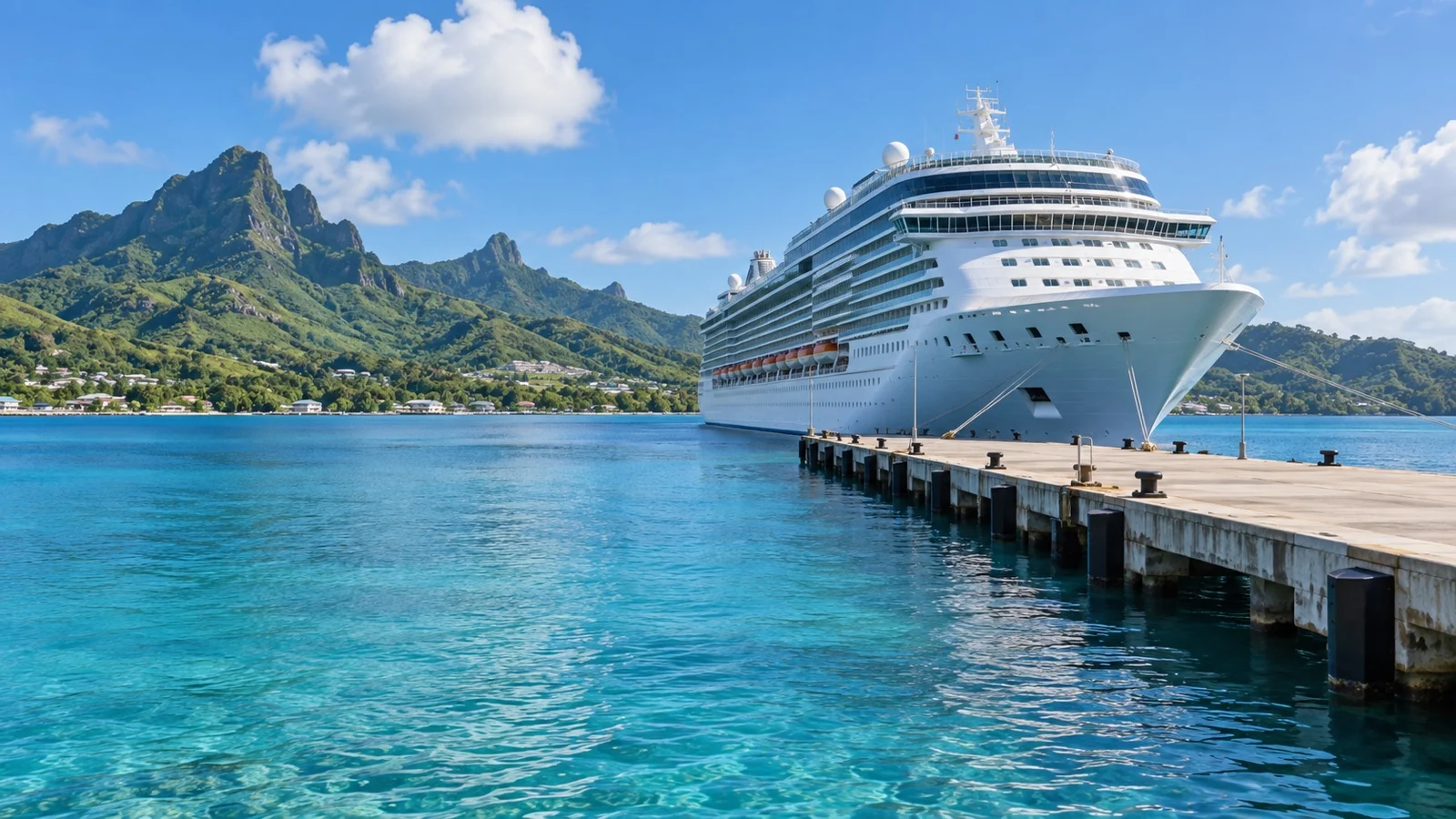 Cruise ship docked at a Caribbean island port