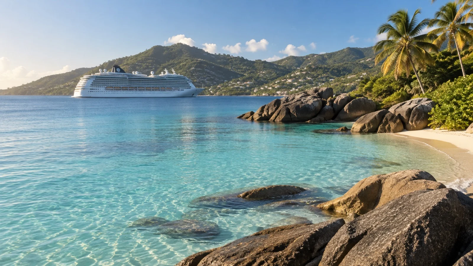 Cruise ship in a calm Caribbean cove beneath clear May skies.