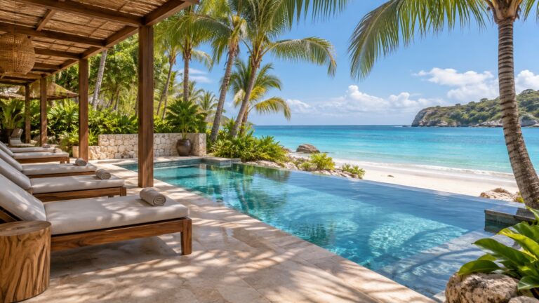 Shaded resort loungers beside a pool and a quiet Caribbean beach