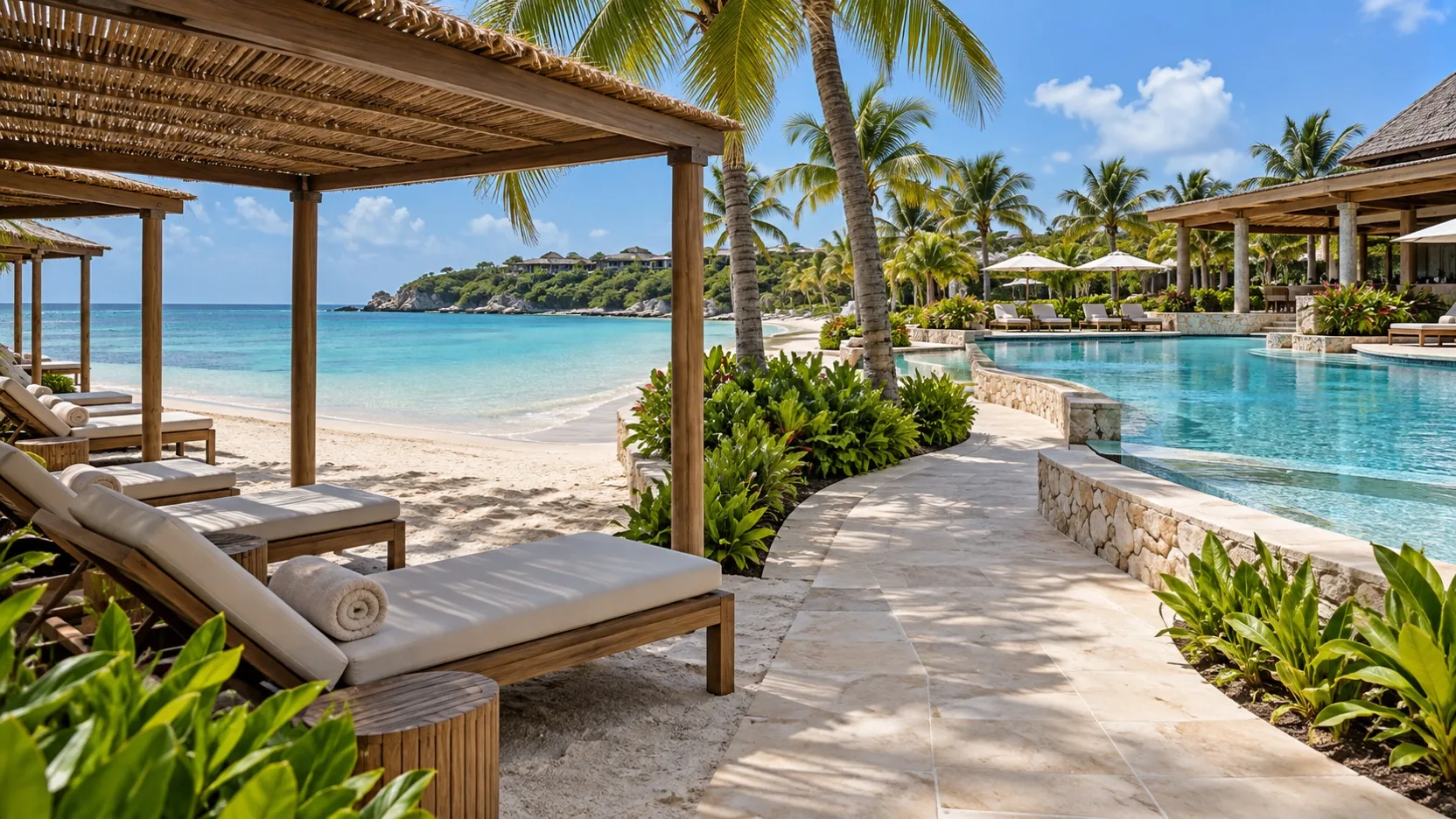 Shaded loungers and a clear walkway between a resort pool and beach