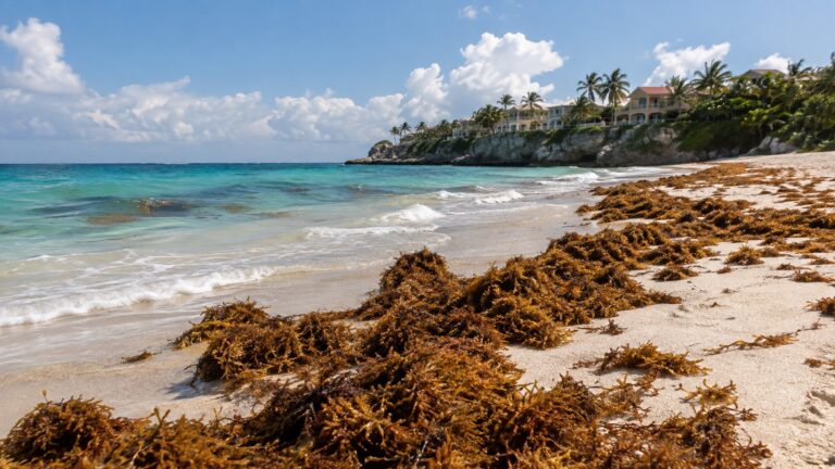 Brown sargassum seaweed washed onto an empty Caribbean beach