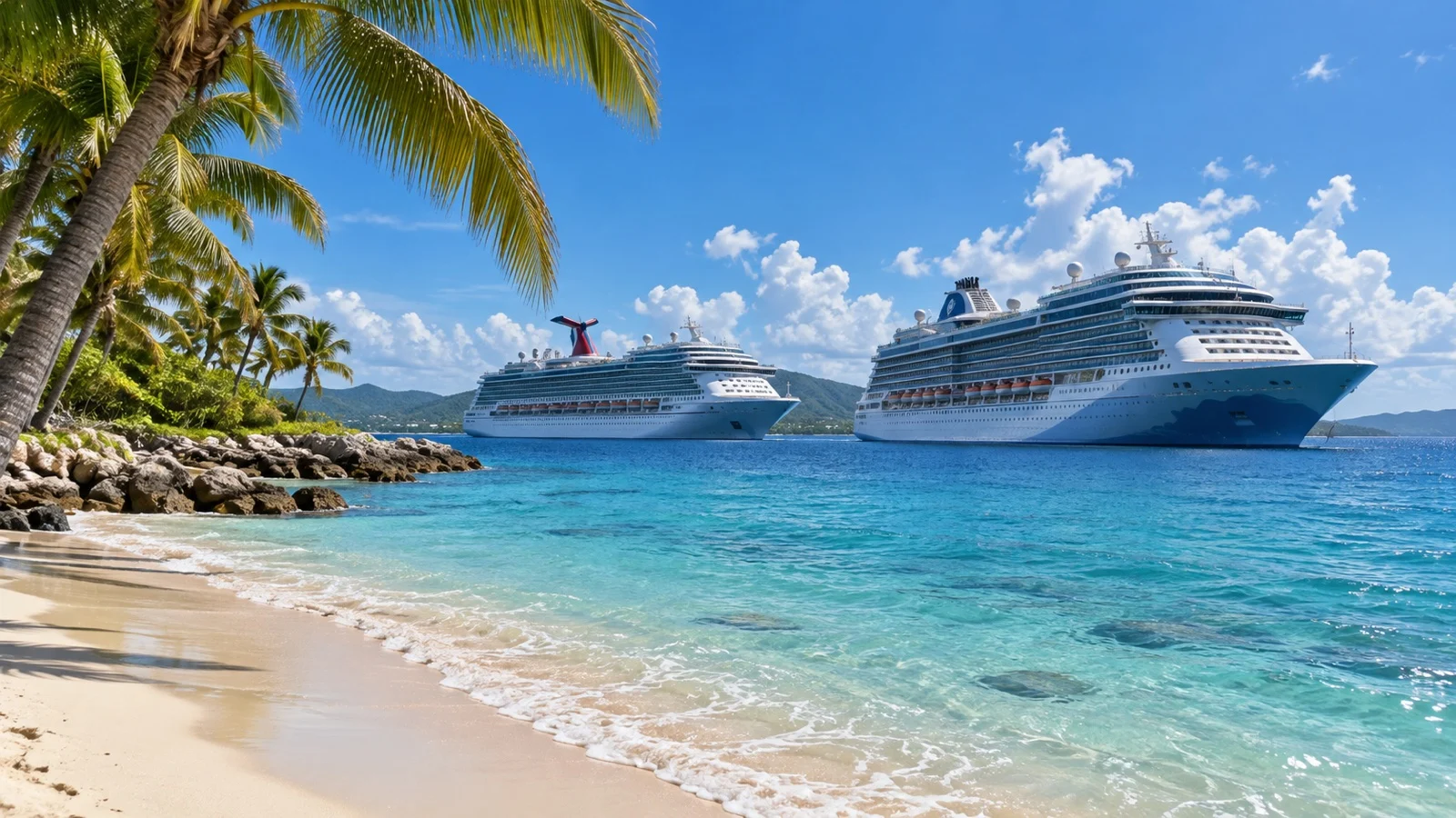 Cruise ships offshore from a sunny Caribbean beach in spring.