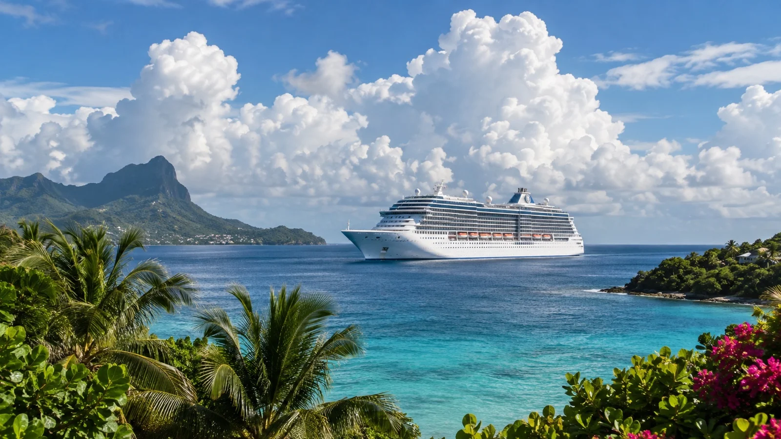 Cruise ship offshore beneath towering Caribbean summer clouds.