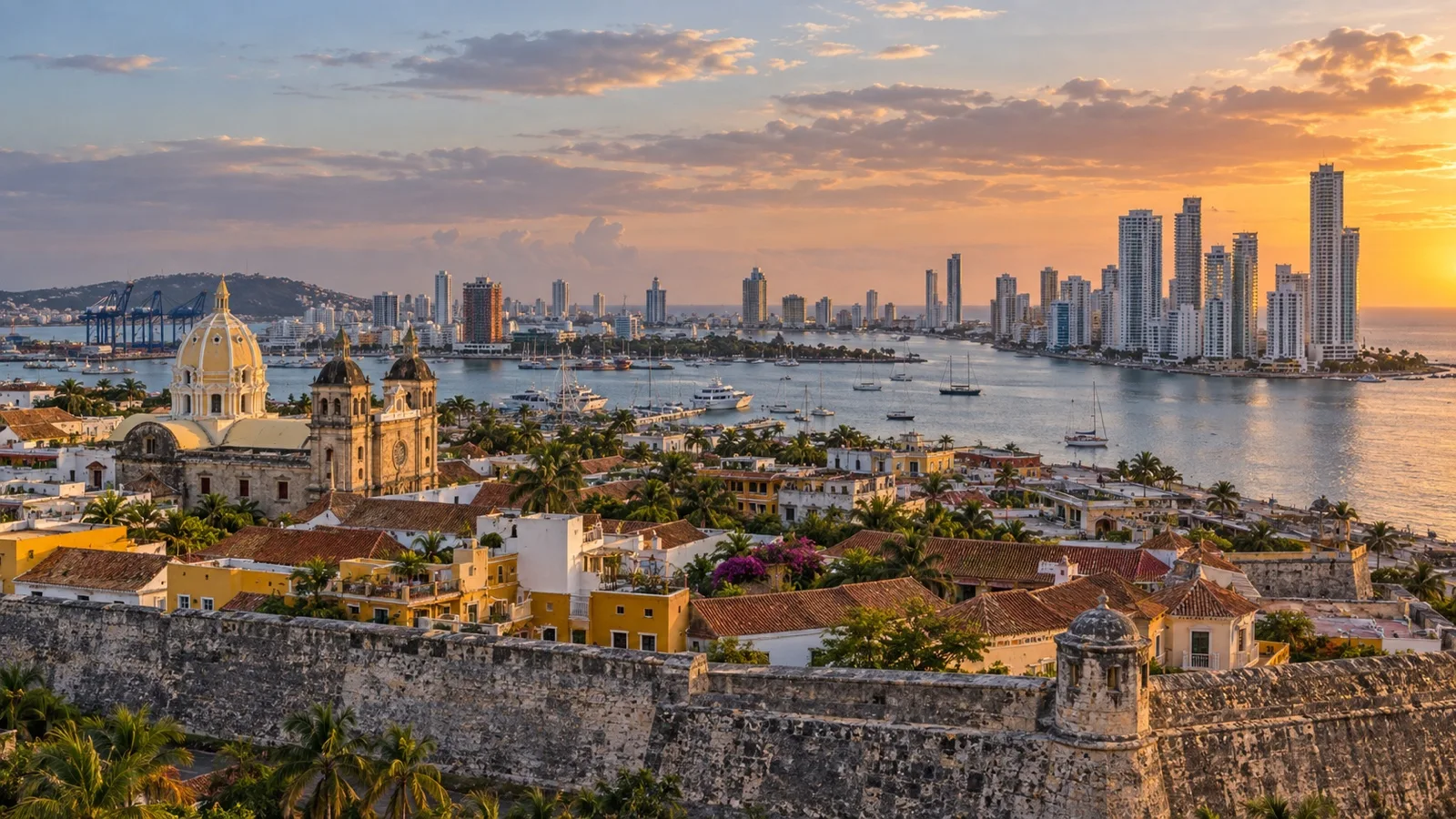 Panoramic Cartagena walled city, Manga harbor and Bocagrande hotel skyline