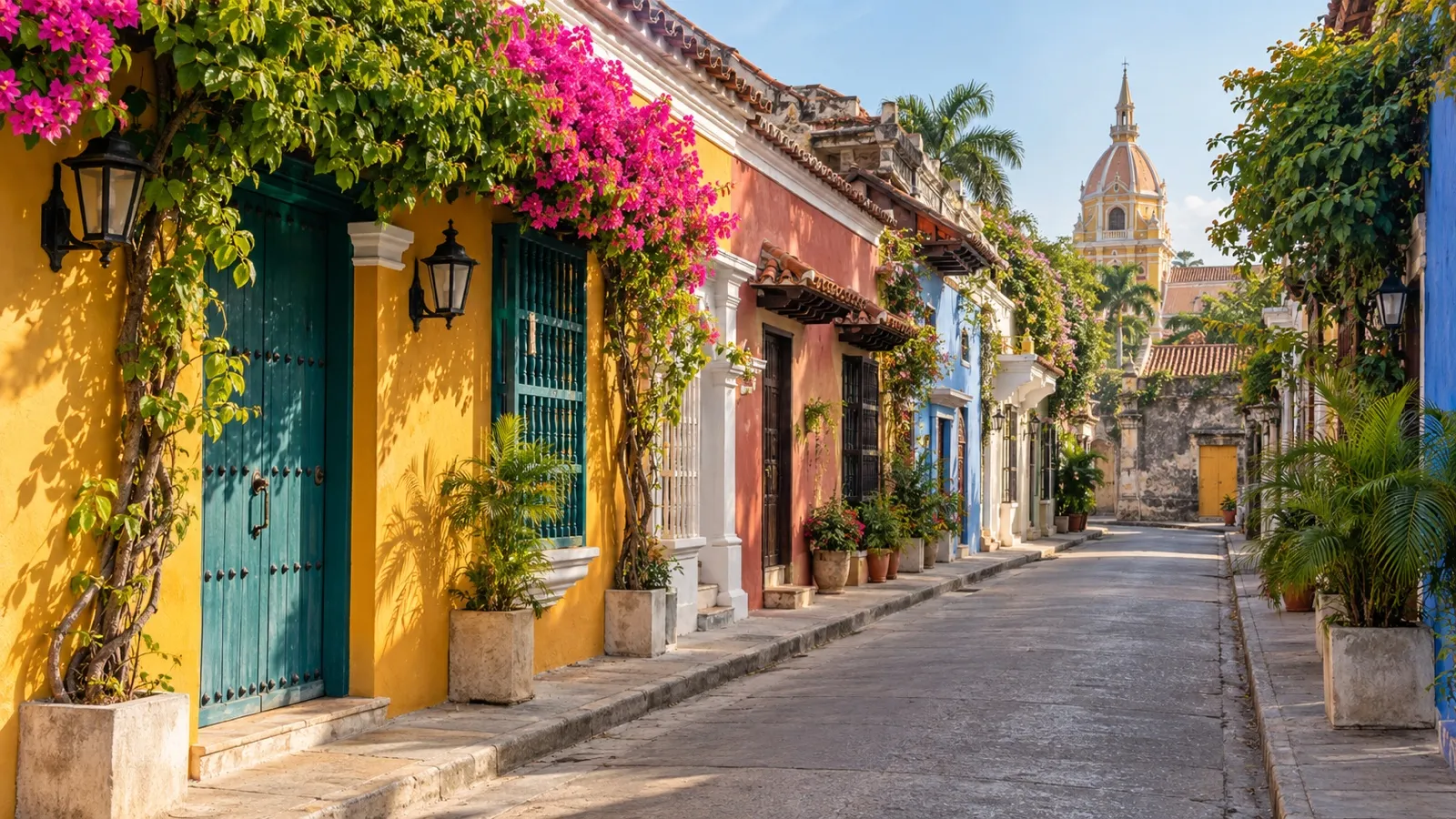 Getsemaní district in Cartagena with colorful small hotel facades and quiet colonial streets