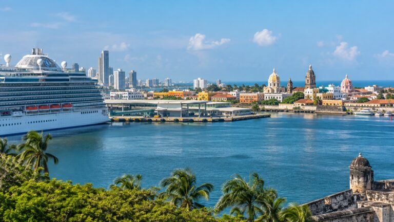 Cruise ship in Cartagena harbor with the Colombian Caribbean city beyond