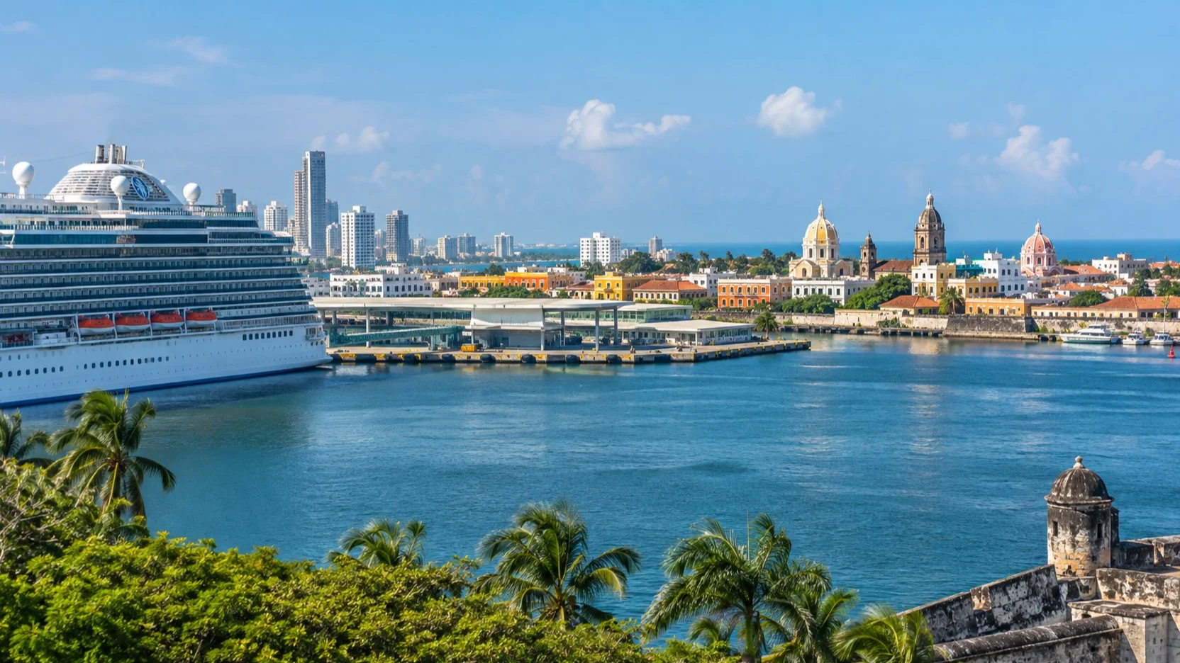Cruise ship in Cartagena harbor with the Colombian Caribbean city beyond
