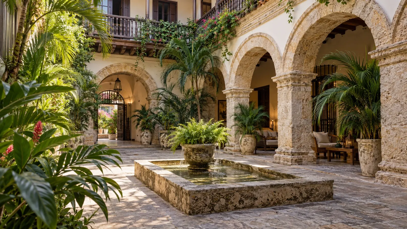 Elegant restored colonial hotel courtyard in Cartagena's walled old city with stone arches and tropical plants