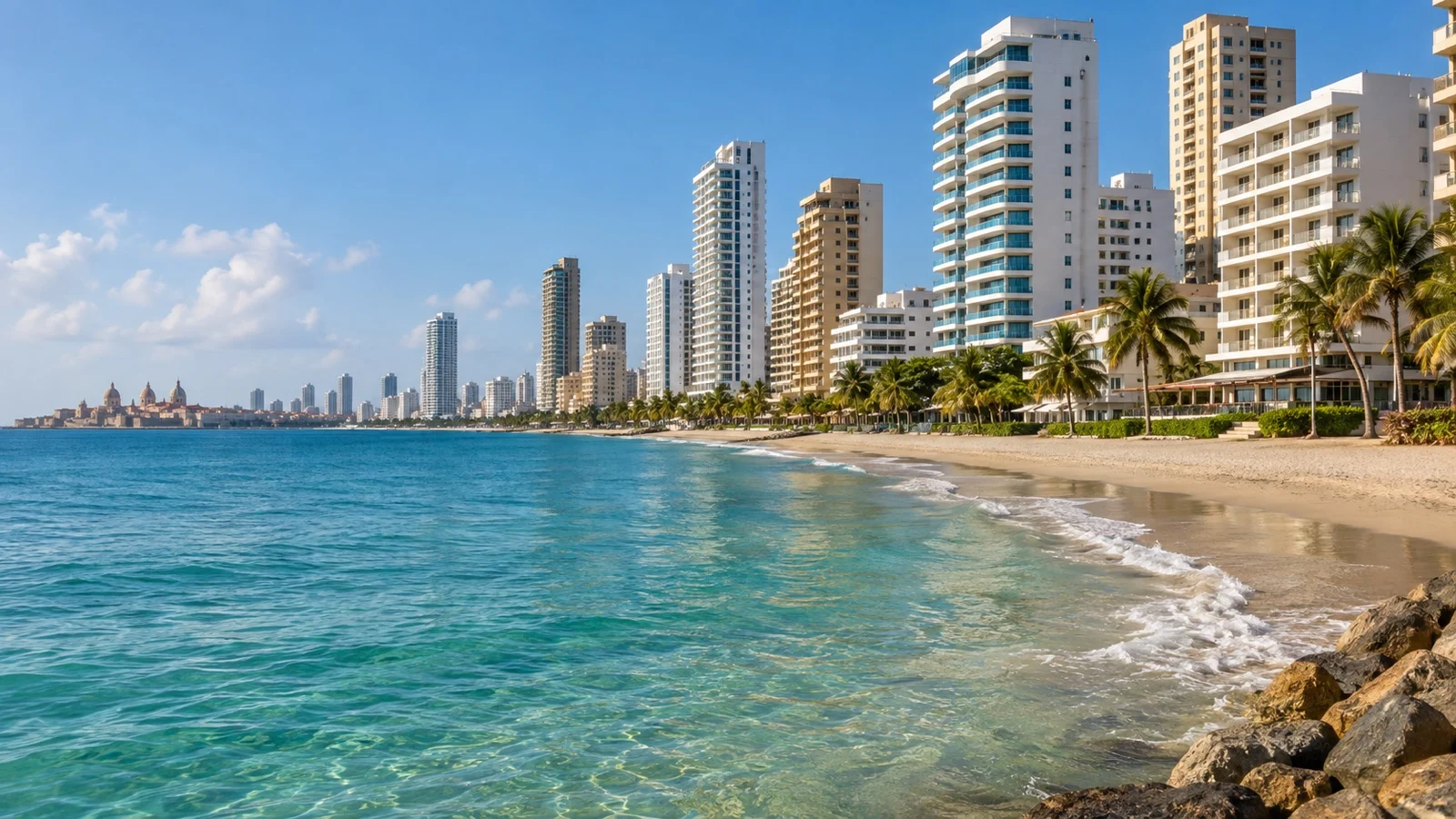 Bocagrande waterfront in Cartagena with midrange hotels, beach and Caribbean water