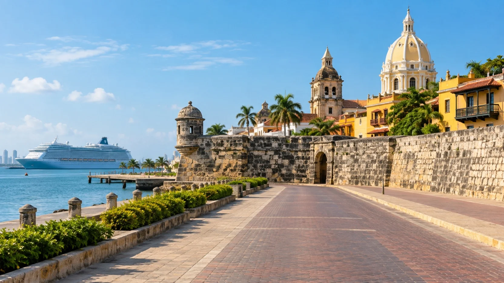 Cartagena waterfront route beside the historic city walls with a ship offshore