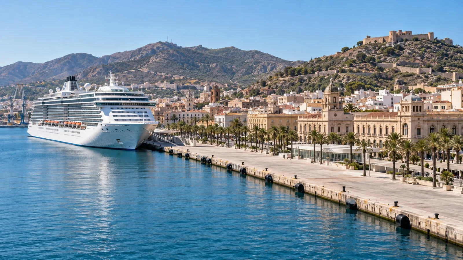 Cruise ship at Cartagena Spain’s harbor beside the historic city