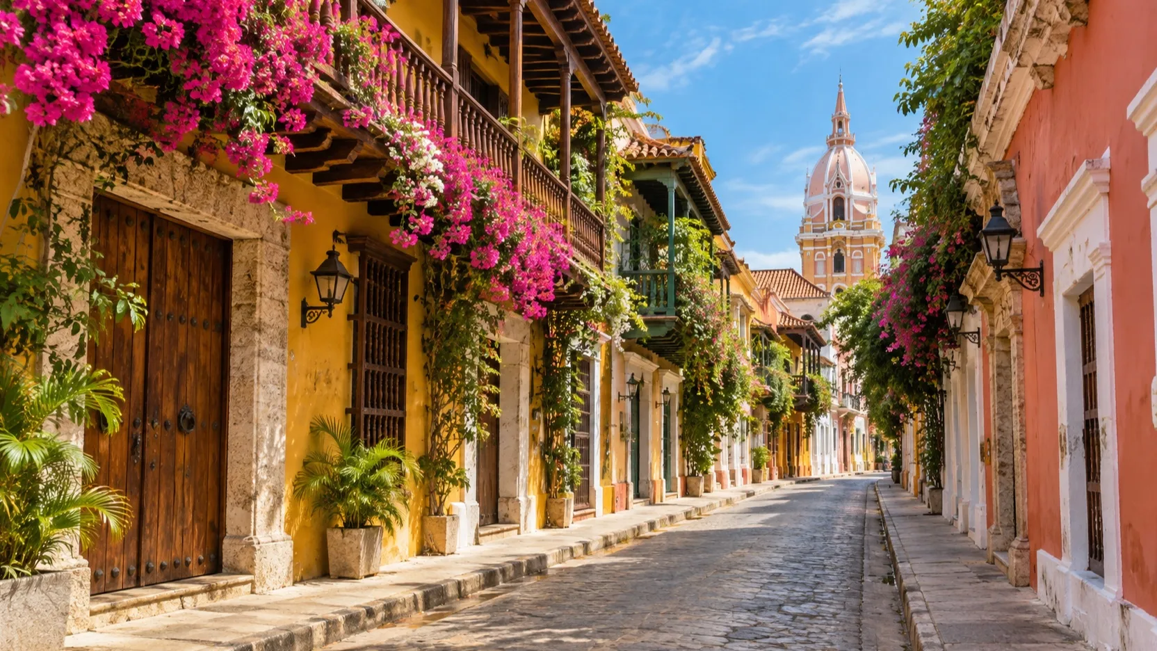 Empty colonial street with colorful facades in Cartagena’s walled city