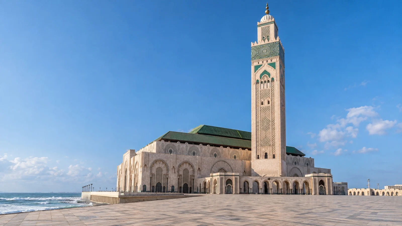 Hassan II Mosque and its minaret beside the Atlantic Ocean in Casablanca