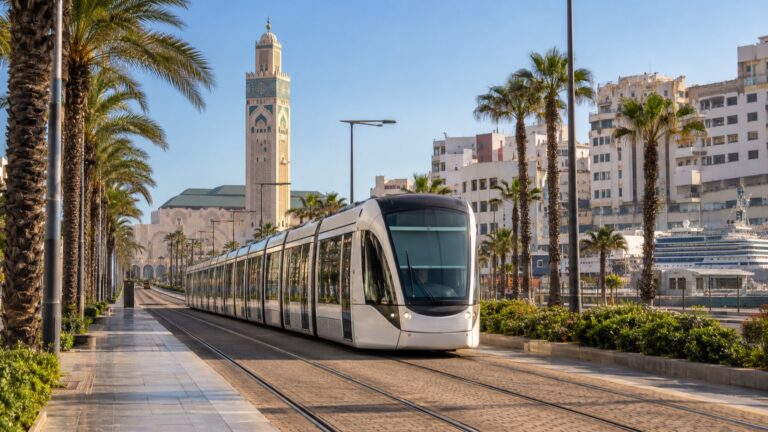 Casablanca tram traveling along a palm-lined city boulevard