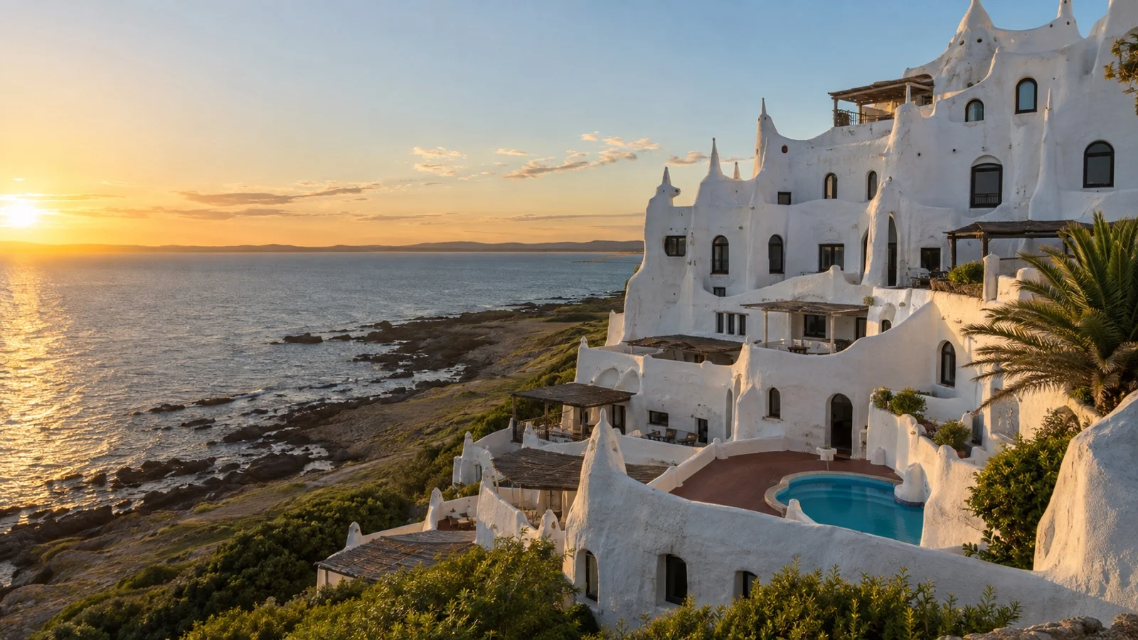 White terraces of Casapueblo above the coast at Punta Ballena