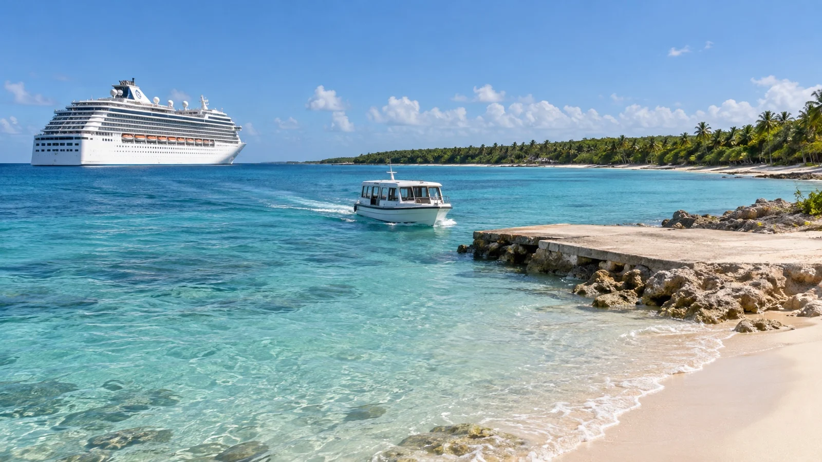 Tender boat nearing Dominican Republic’s Catalina Island from a cruise ship