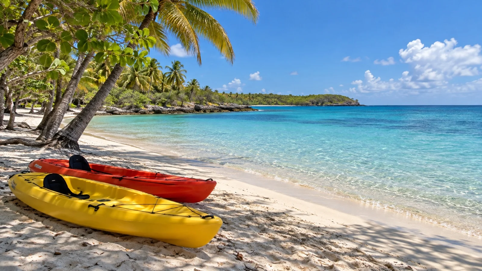 Empty kayaks resting beside the clear water on Catalina Island