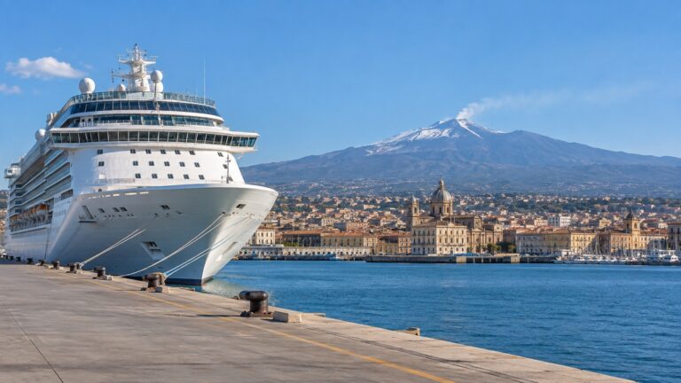 Cruise ship at Catania port with Mount Etna beyond the city