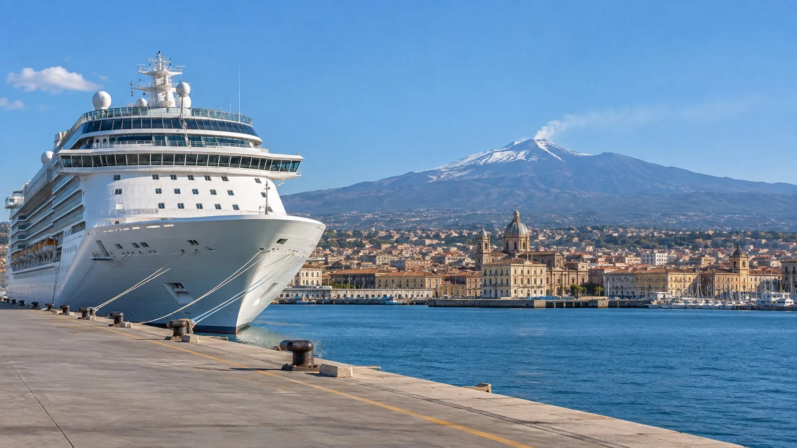 Cruise ship at Catania port with Mount Etna beyond the city